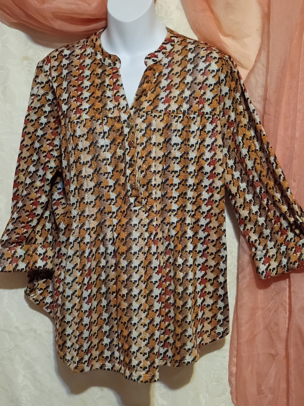 Roz & Ali Ladies Mustard Multicolor Houndstooth Tunic Top Sz 1X